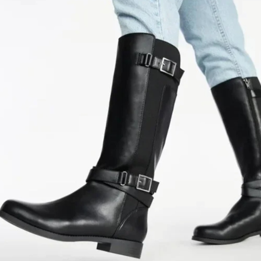 JustFab Valerie Neutral Black Knee-High Moto Boots Womens Size 8 NWT Grunge